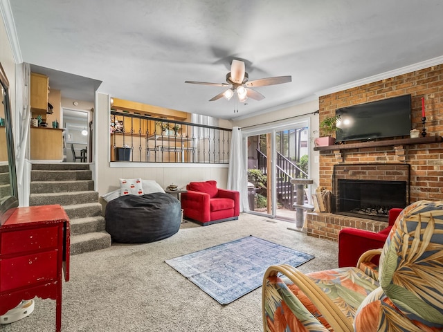 2402 Mexia Ave, Tallahassee, FL 32304 - carpeted living area featuring a ceiling fan, stairs, crown molding, and a brick fireplace