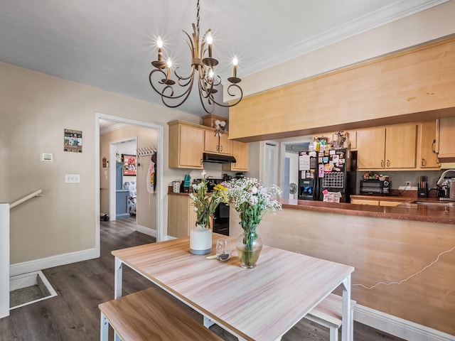 2402 Mexia Ave, Tallahassee, FL 32304 - dining space featuring an inviting chandelier, ornamental molding, dark wood-style floors, and baseboards
