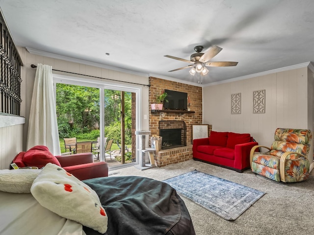 2402 Mexia Ave, Tallahassee, FL 32304 - living area with crown molding, ceiling fan, a brick fireplace, and carpet