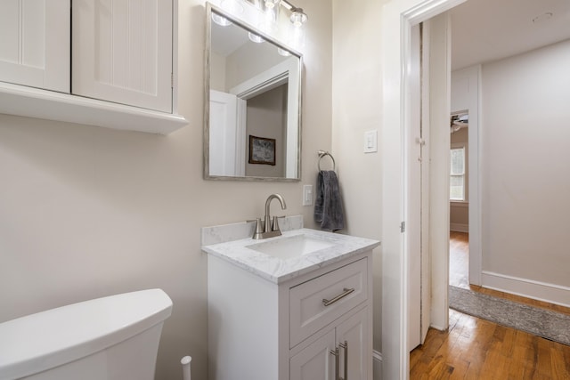 bathroom with vanity, wood-type flooring, and toilet