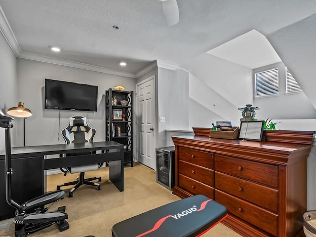 carpeted office space featuring ornamental molding and beverage cooler