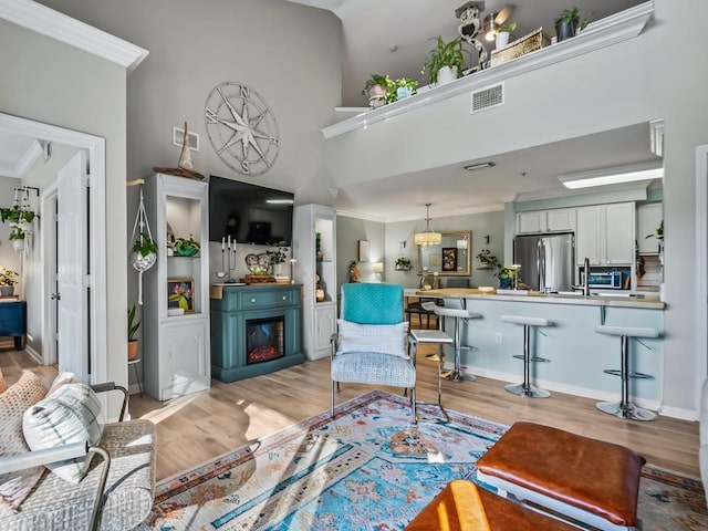 living room with lofted ceiling and light wood-type flooring