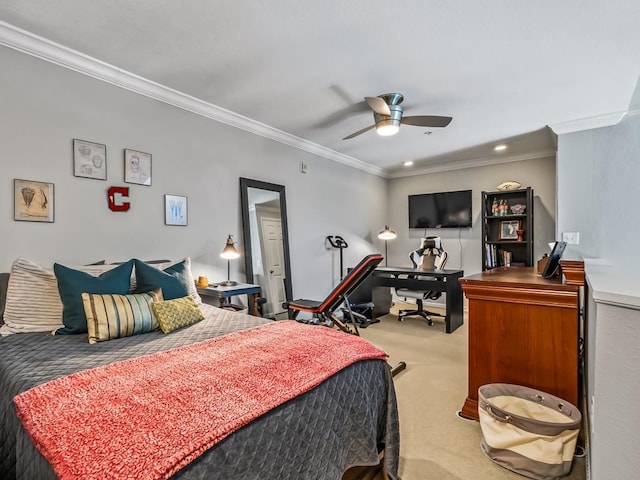 carpeted bedroom with crown molding and ceiling fan