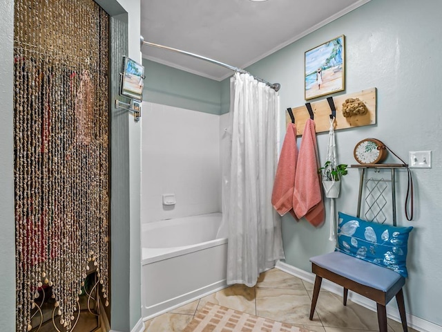 bathroom featuring shower / bath combination with curtain, crown molding, and tile patterned flooring