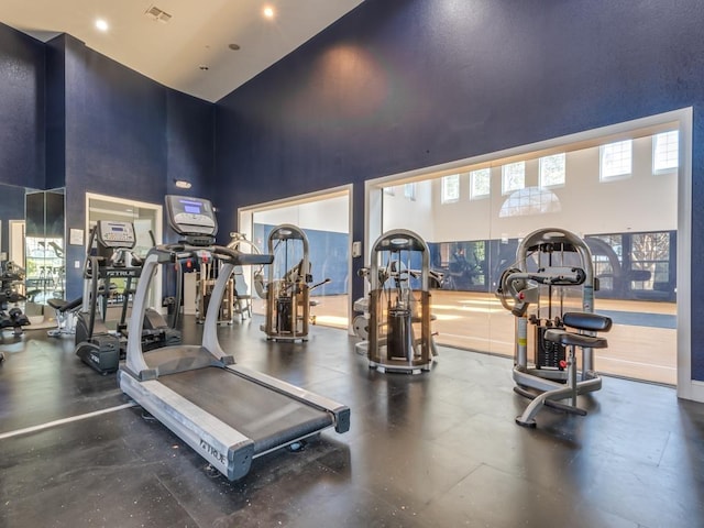 exercise room with a towering ceiling