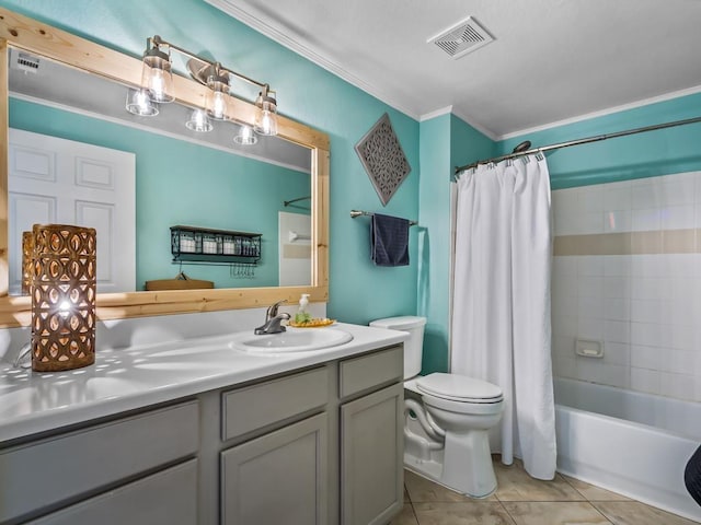 full bathroom featuring shower / bath combination with curtain, vanity, toilet, crown molding, and tile patterned floors