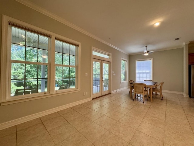 5672 Burnside Cir, Tallahassee, FL 32312 - dining area featuring crown molding, light tile patterned flooring, ceiling fan, and french doors