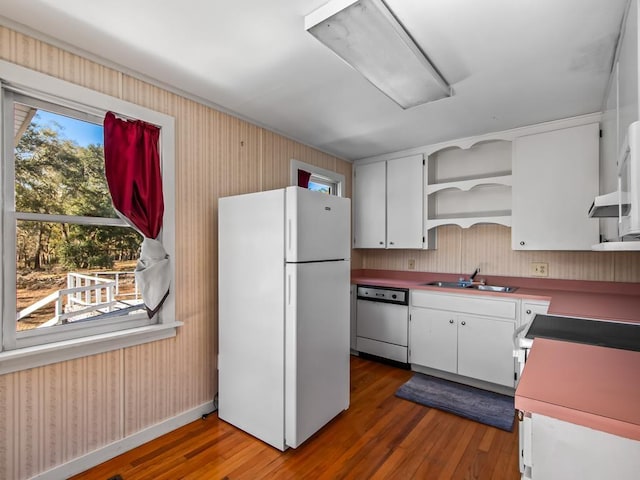 kitchen with sink, white cabinets, dark hardwood / wood-style flooring, stainless steel dishwasher, and white fridge