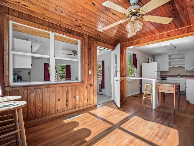 interior space with sink, wood ceiling, wooden walls, ceiling fan, and hardwood / wood-style floors