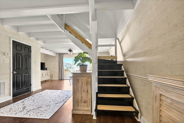 1645 Tallavana Trl, Havana, FL 32333 - stairs with beamed ceiling, wood walls, wood finished floors, and ceiling fan