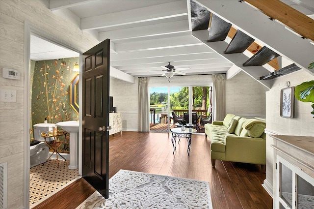 1645 Tallavana Trl, Havana, FL 32333 - living area with wood-type flooring, beam ceiling, and a ceiling fan