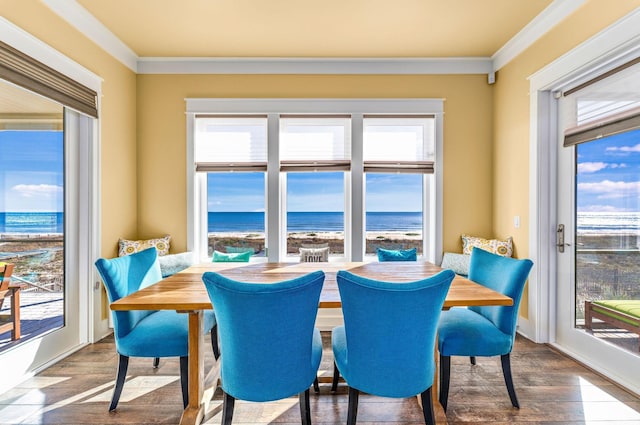 dining space with a water view, hardwood / wood-style flooring, and a healthy amount of sunlight