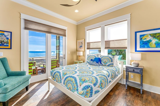 bedroom featuring access to outside, ceiling fan, crown molding, a water view, and dark hardwood / wood-style floors