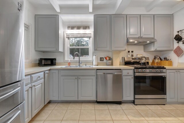 24252 Lanier St, Tallahassee, FL 32310 - kitchen with a sink, gray cabinets, stainless steel appliances, and under cabinet range hood