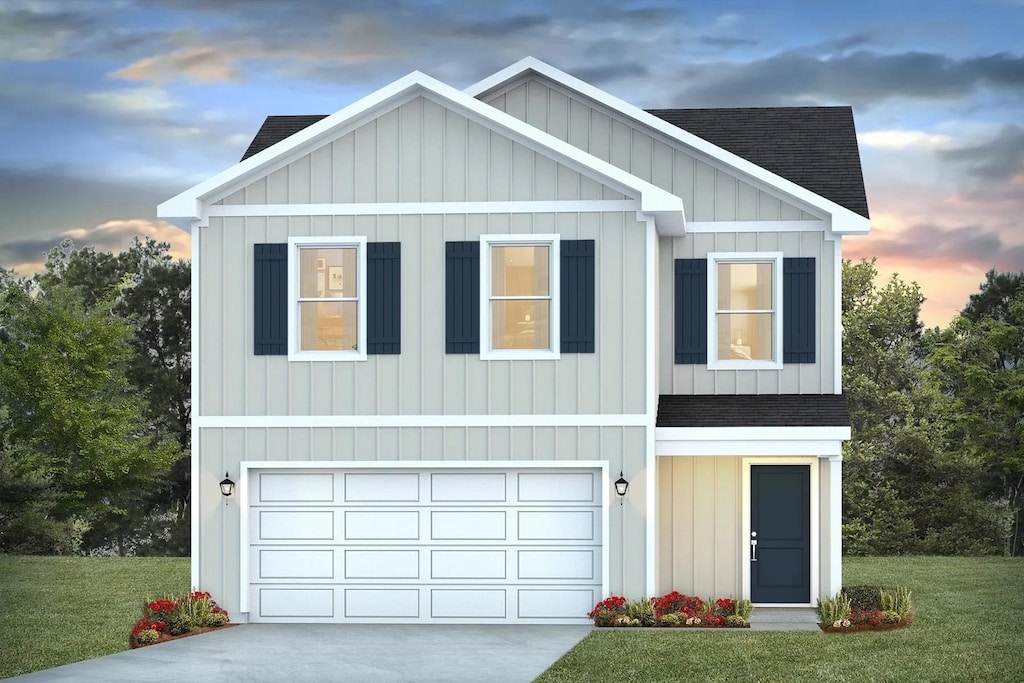 view of front of property with an attached garage, concrete driveway, a front yard, and a shingled roof