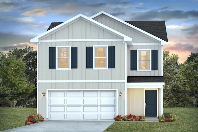 view of front of property with an attached garage, concrete driveway, a front yard, and a shingled roof