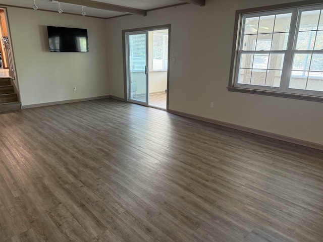 3726 Wicklow Cir, Tallahassee, FL 32309 - spare room featuring wood finished floors, stairway, and beamed ceiling