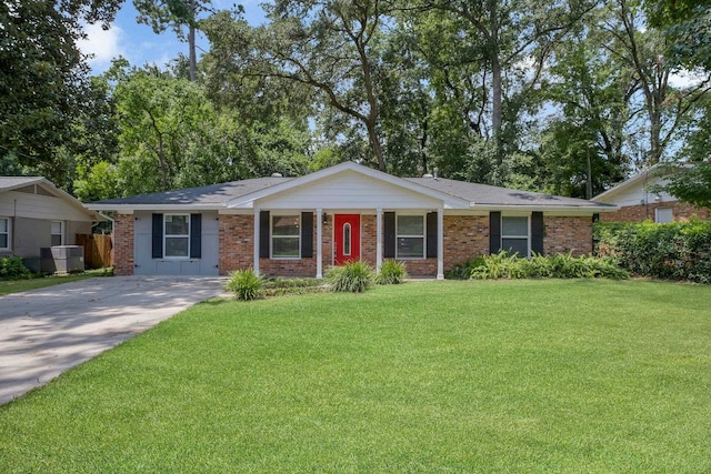 single story home featuring a front yard and central AC