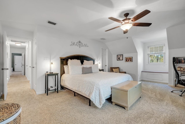 2227 Ten Oaks Dr, Tallahassee, FL 32312 - bedroom with lofted ceiling, light colored carpet, baseboards, ceiling fan, and visible vents