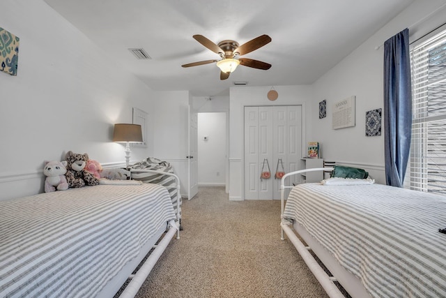 2227 Ten Oaks Dr, Tallahassee, FL 32312 - bedroom with a closet, ceiling fan, visible vents, and light colored carpet