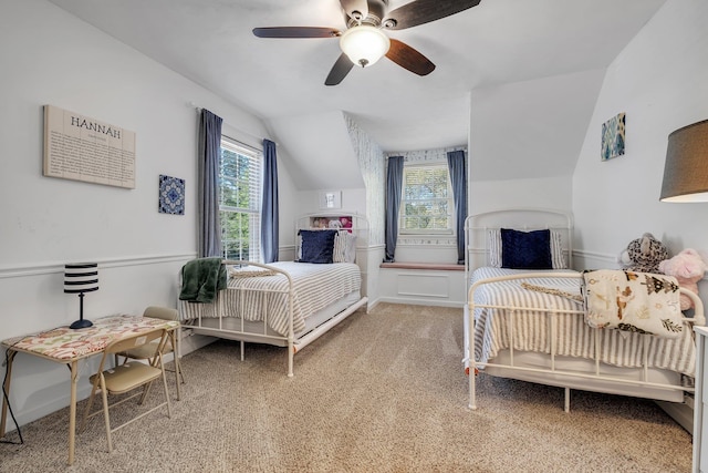 2227 Ten Oaks Dr, Tallahassee, FL 32312 - carpeted bedroom with a ceiling fan, baseboards, multiple windows, and lofted ceiling