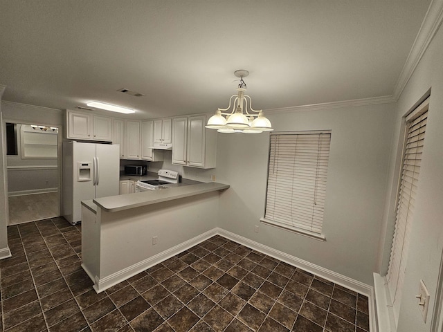 2943 Tewkesbury Trce, Tallahassee, FL 32309 - kitchen featuring white appliances, a peninsula, ornamental molding, a chandelier, and white cabinetry