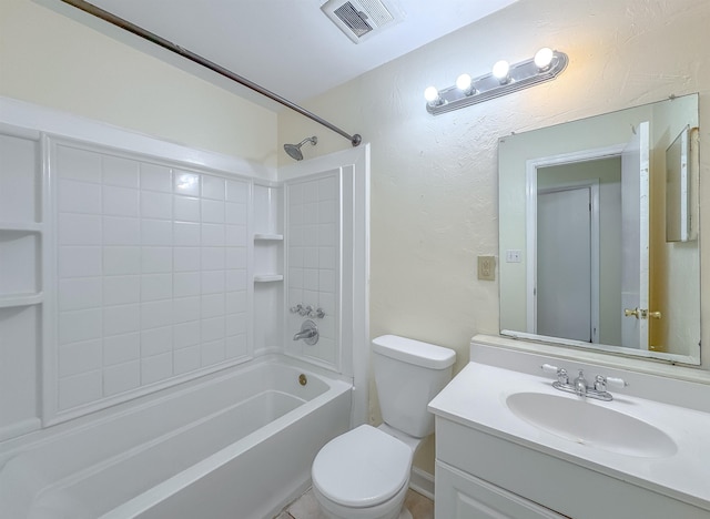 full bathroom with a textured wall, vanity, visible vents, toilet, and shower / bath combination