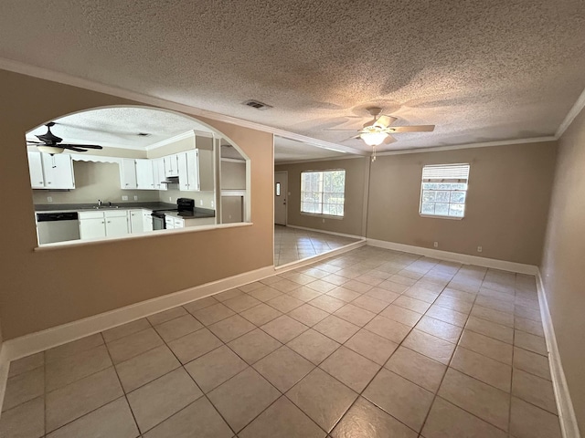 6842 Tomy Lee Trl, Tallahassee, FL 32309 - unfurnished living room featuring ceiling fan, crown molding, a sink, a textured ceiling, and light tile patterned floors