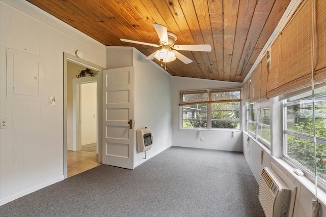 unfurnished sunroom featuring heating unit, ceiling fan, lofted ceiling, and wooden ceiling