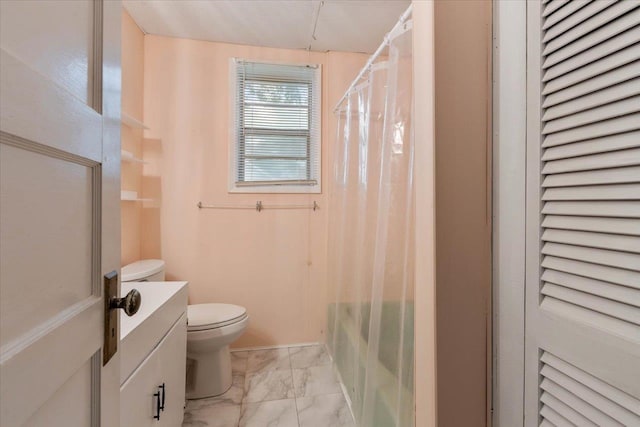 full bathroom with vanity, shower / bath combination with curtain, and toilet