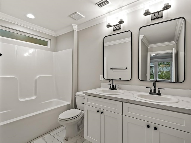 full bathroom featuring vanity, crown molding, shower / bathing tub combination, and toilet