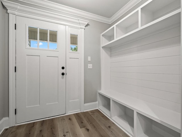 mudroom with hardwood / wood-style floors and ornamental molding