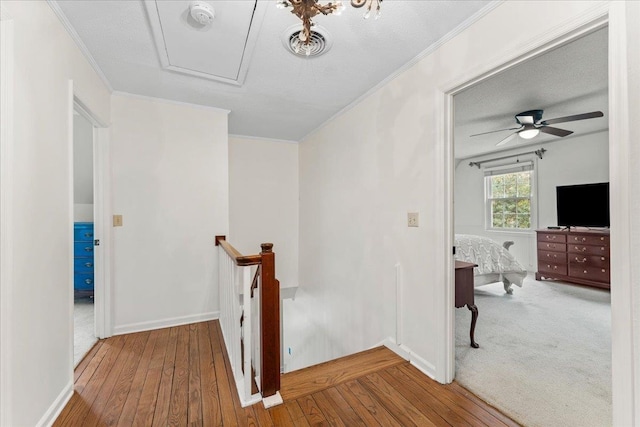 hallway featuring hardwood / wood-style floors, a textured ceiling, and ornamental molding