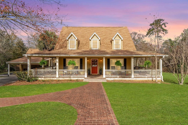 farmhouse featuring a porch and a yard