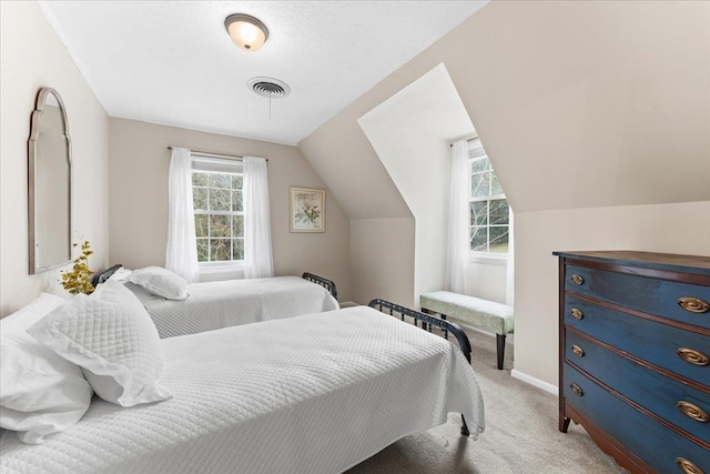 carpeted bedroom with multiple windows and lofted ceiling