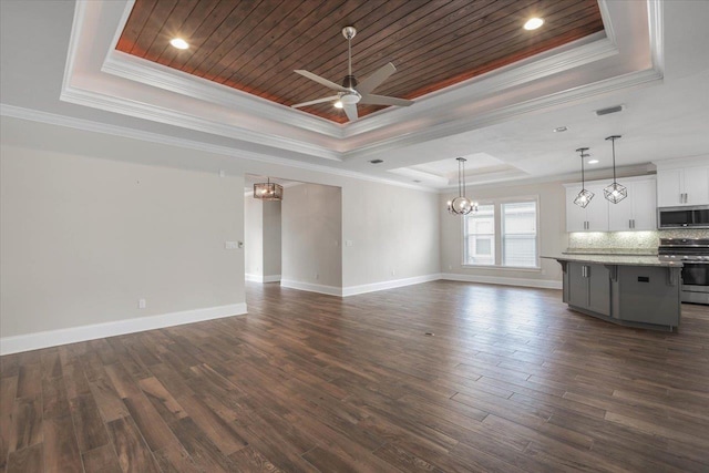 unfurnished living room with a raised ceiling, ceiling fan, crown molding, and wood ceiling