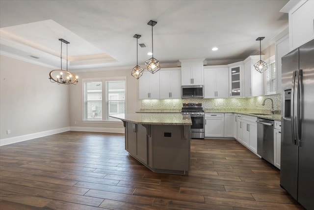 kitchen featuring a breakfast bar, stainless steel appliances, a tray ceiling, pendant lighting, and white cabinetry