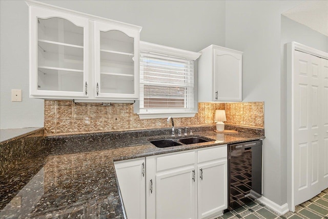 2032 Ascot Way, Tallahassee, FL 32312 - kitchen featuring dishwasher, dark stone countertops, white cabinets, tasteful backsplash, and glass insert cabinets