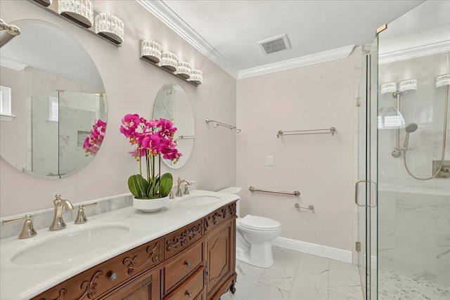 2032 Ascot Way, Tallahassee, FL 32312 - bathroom featuring marble look tile flooring, a marble finish shower, double vanity, and ornamental molding