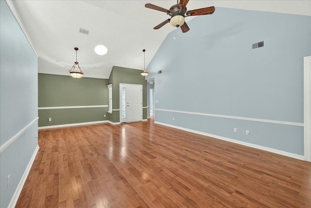 2032 Ascot Way, Tallahassee, FL 32312 - unfurnished living room featuring a ceiling fan, high vaulted ceiling, and wood finished floors
