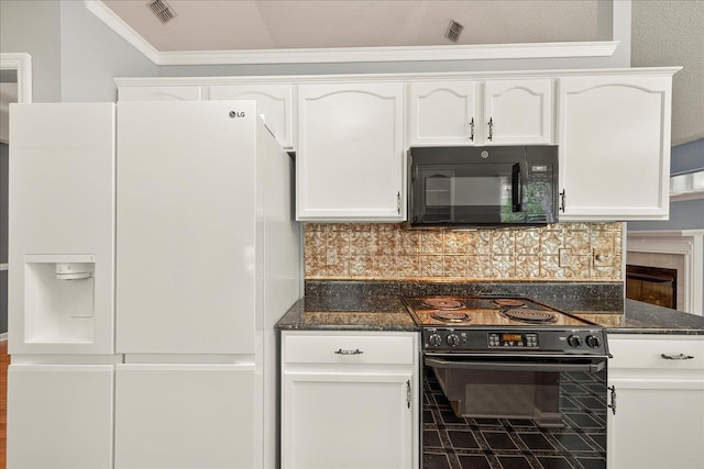 2032 Ascot Way, Tallahassee, FL 32312 - kitchen with black appliances, ornamental molding, white cabinets, tasteful backsplash, and dark stone counters