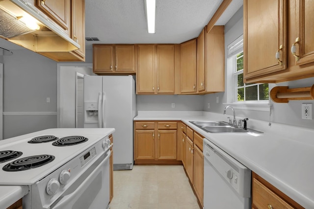 1997 Maymeadow Ln, Tallahassee, FL 32303 - kitchen with white appliances, a sink, under cabinet range hood, light countertops, and light flooring