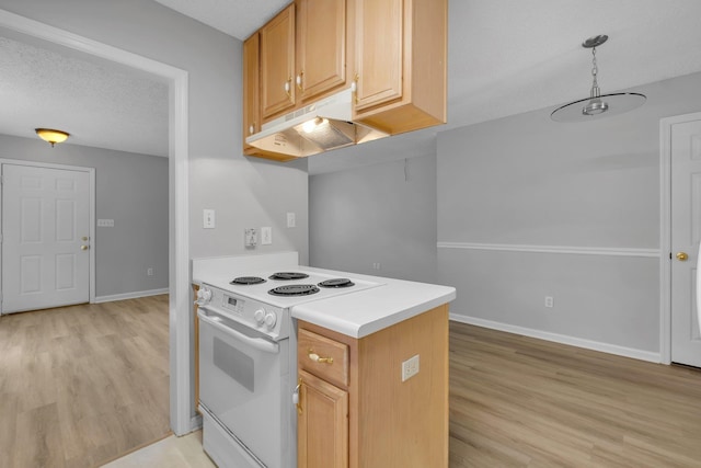 1997 Maymeadow Ln, Tallahassee, FL 32303 - kitchen featuring white electric stove, under cabinet range hood, light wood-type flooring, baseboards, and a textured ceiling