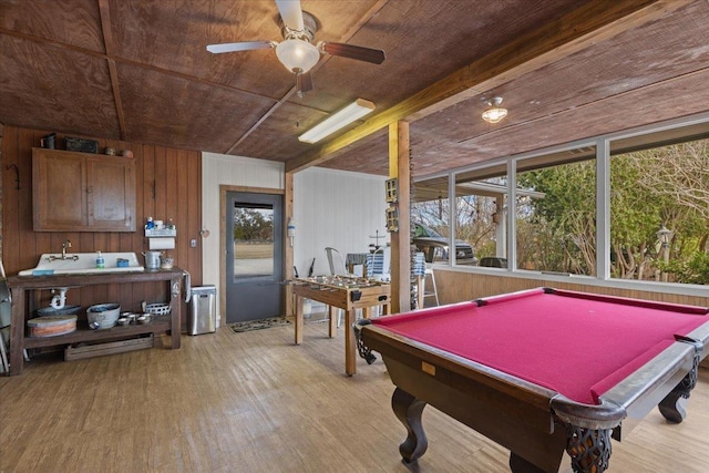 recreation room featuring wood ceiling, light hardwood / wood-style flooring, billiards, ceiling fan, and wood walls