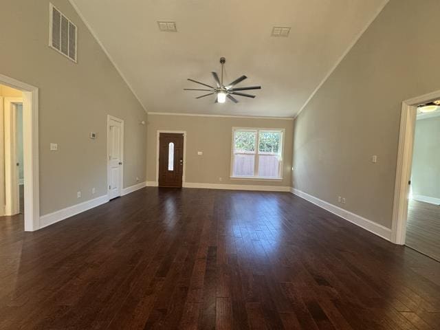 unfurnished living room featuring ceiling fan, dark hardwood / wood-style flooring, high vaulted ceiling, and ornamental molding