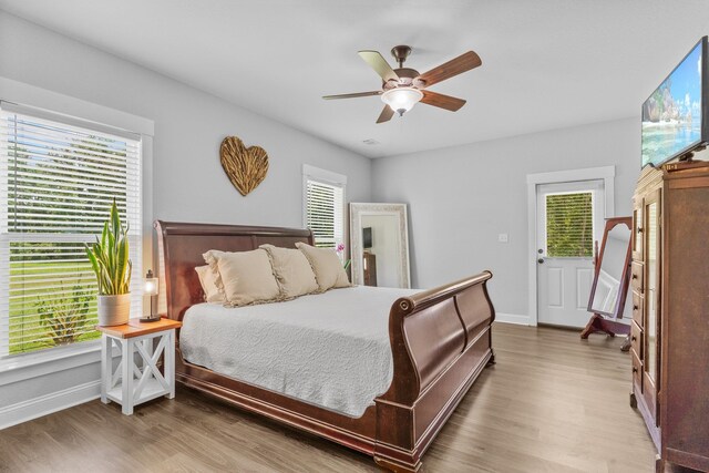 bedroom featuring hardwood / wood-style flooring, ceiling fan, and multiple windows