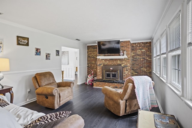 2025 Shadey Oaks Dr, Tallahassee, FL 32303 - living room featuring wood finished floors, ornamental molding, and a brick fireplace