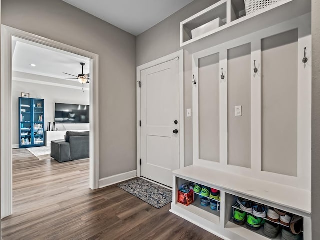 mudroom featuring ceiling fan and hardwood / wood-style flooring