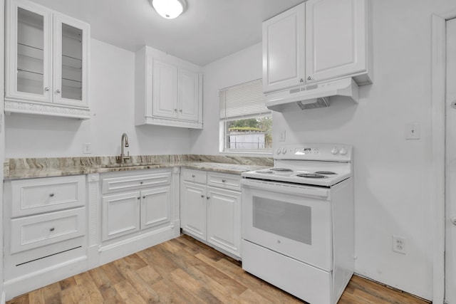 kitchen with white cabinets, light wood-type flooring, sink, and electric stove