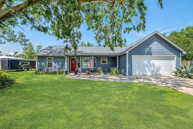 ranch-style home with a garage, a front lawn, and driveway